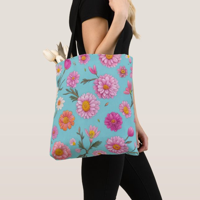 Tote Bag aquarelle florale rose blanc orange marguerites tu (De près)