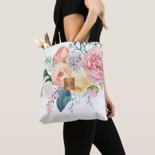 Tote Bag Aquarelle gros pivoines cuivre métallique monogram