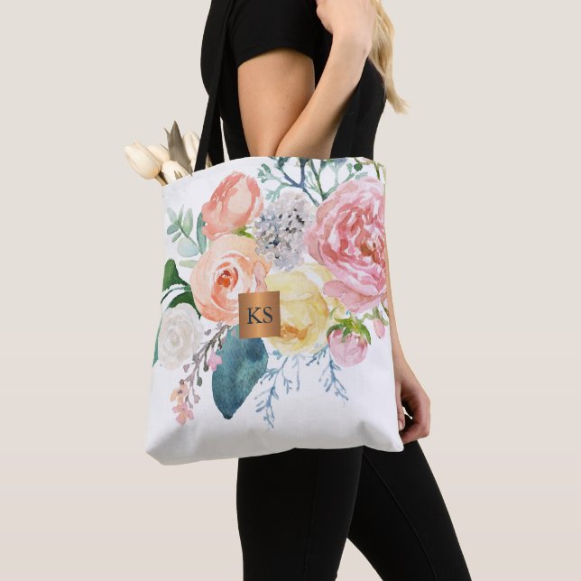 Tote Bag Aquarelle gros pivoines cuivre métallique monogram (De près)