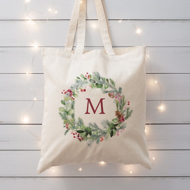 Tote Bag Aquarelle Hiver Verdure Wreath Monogramme (Watercolor Winter Greenery Wreath Monogram Tote Bag)
