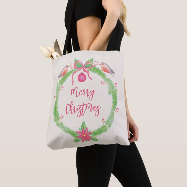 Tote Bag Aquarelle Holly Wreath Joyeux Noël (De près)