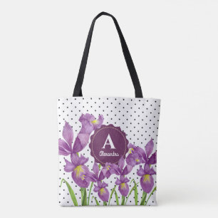 Tote Bag Aquarelle Iris Violet Points Noir Blanc