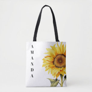 Tote Bag Aquarelle Jaune Chaîne Personnalisée Nom Tournesol