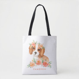 Tote Bag Aquarelle King Charles Spaniel Orange Fleurs