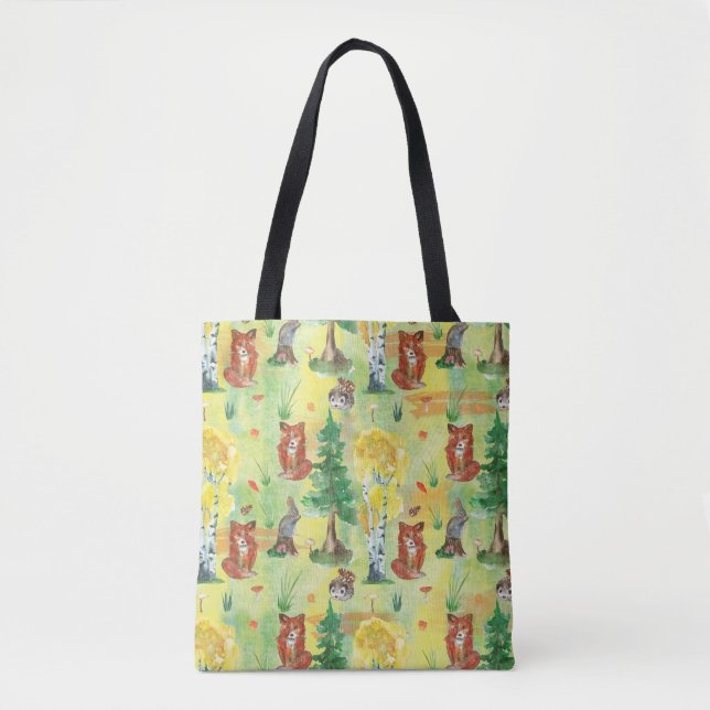 Tote Bag Aquarelle Lapin, Hérisson, renard (Devant)