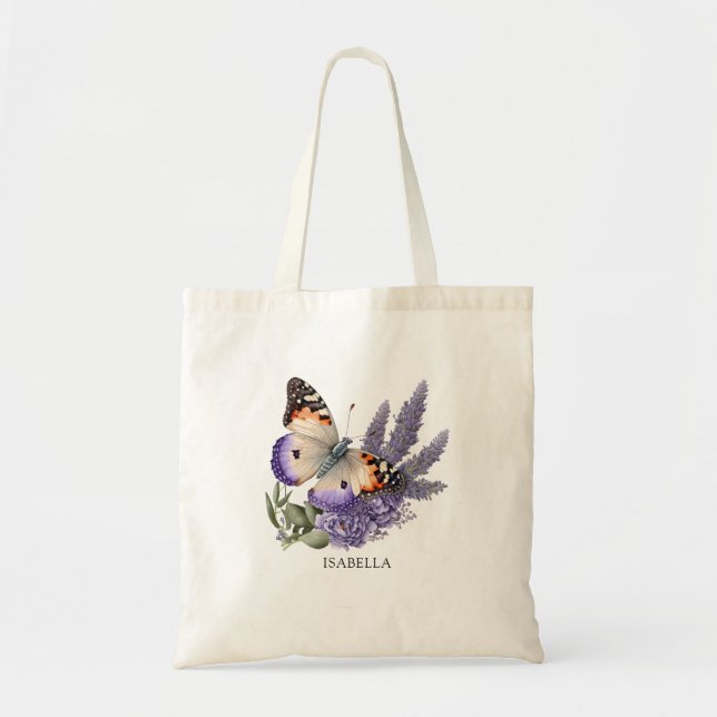 Tote Bag Aquarelle Lavande Fleurs avec papillon personnalis (Devant)