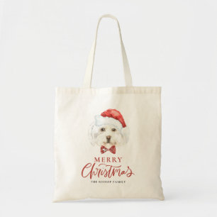 Tote Bag Aquarelle Maltese avec le chapeau du Père Noël per