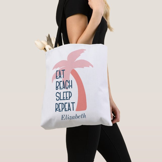 Tote Bag Aquarelle Manger Plage Dormir Répéter Palm Tree Fo (De près)