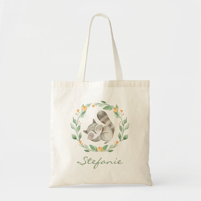 Tote Bag Aquarelle mignonne Baby Raccoon Verdure Wreath (Devant)