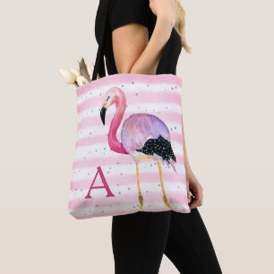 Tote Bag Aquarelle mignonne Flamant rose Monogramme Bande r