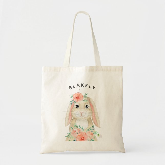 Tote Bag Aquarelle mignonne Lapin Floral Nom de Pâques (Devant)