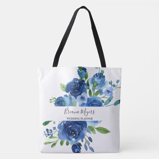 Tote Bag Aquarelle Moderne Floral Marine Bleu Entreprise Fo (Devant)
