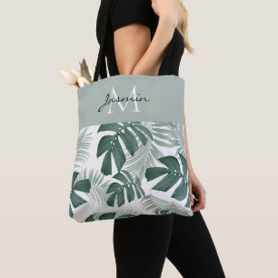 Tote Bag Aquarelle moderne Monstera verte Monographie Feuil