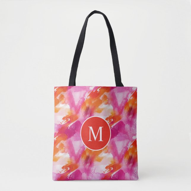 Tote Bag Aquarelle Monogramme Orange Rose Abstrait (Devant)