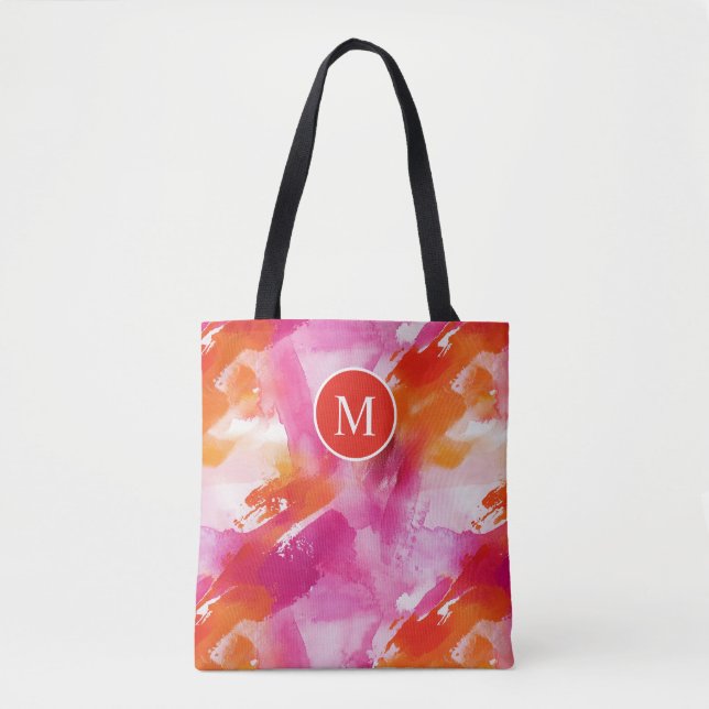 Tote Bag Aquarelle Monogramme Rose Orange Abstrait (Devant)