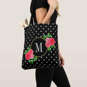 Tote Bag Aquarelle noire mûre Fleurs rouges Dots Monogramme