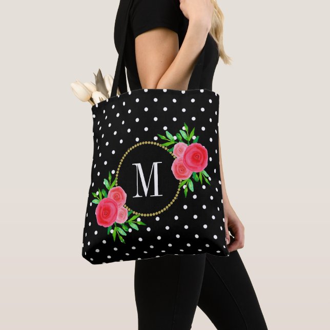 Tote Bag Aquarelle noire mûre Fleurs rouges Dots Monogramme (De près)