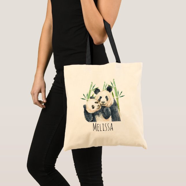 Tote Bag Aquarelle Panda Bears Mom & Baby in Bamboo (Devant (produit))