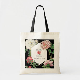 Tote Bag Aquarelle Peonies rose Fleurs Mariage Noir