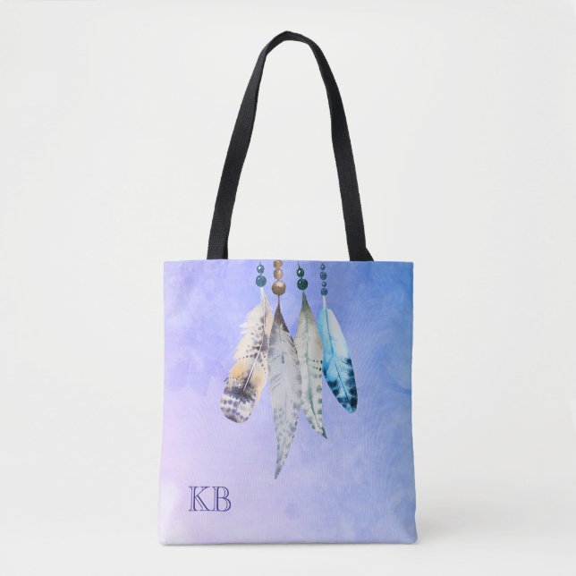 Tote Bag Aquarelle Perles et plumes Design Aquarelle (Devant)
