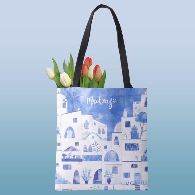 Tote Bag Aquarelle personnalisée de l'île grecque de Santor (Santorini personalized blue and white watercolor art tote bag)
