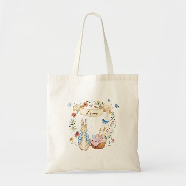 Tote Bag Aquarelle personnalisée Lapin de Pâques et fleurs (Devant)