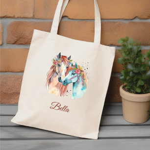 Tote Bag Aquarelle personnalisée nom cheval amoureux cadeau