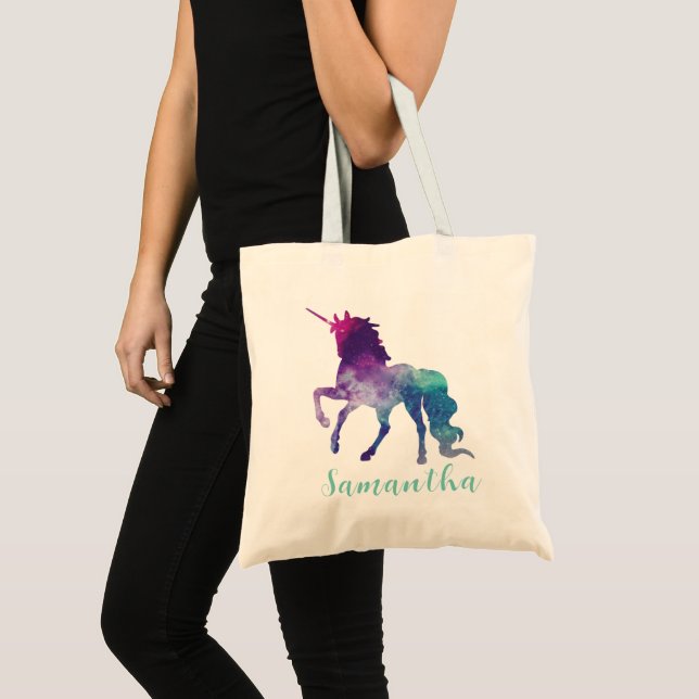 Tote Bag Aquarelle personnalisée Purple Blue Green Unicorn (Devant (produit))