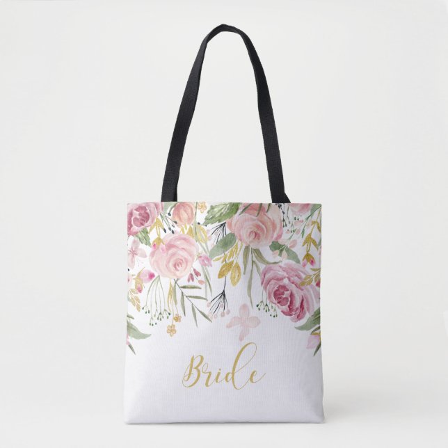 Tote Bag Aquarelle Pink Gold Roses Green Bride Fourre-tout (Devant)