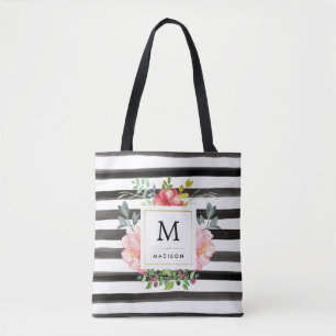 Tote Bag Aquarelle pivoines avec bandes noires et monogramm