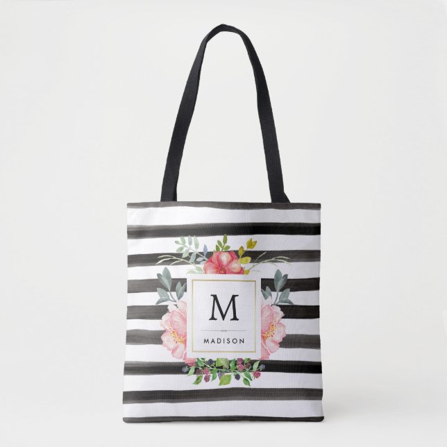 Tote Bag Aquarelle pivoines avec bandes noires et monogramm (Devant)