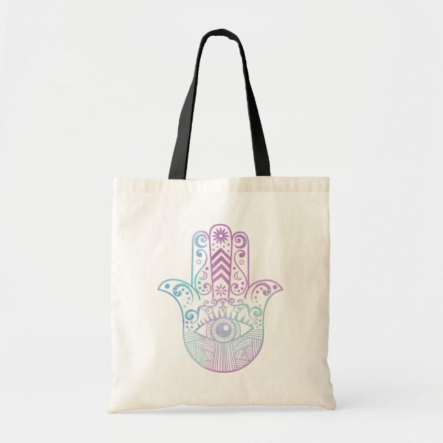 Tote Bag Aquarelle pourpre et bleue de main de Hamsa (Devant)