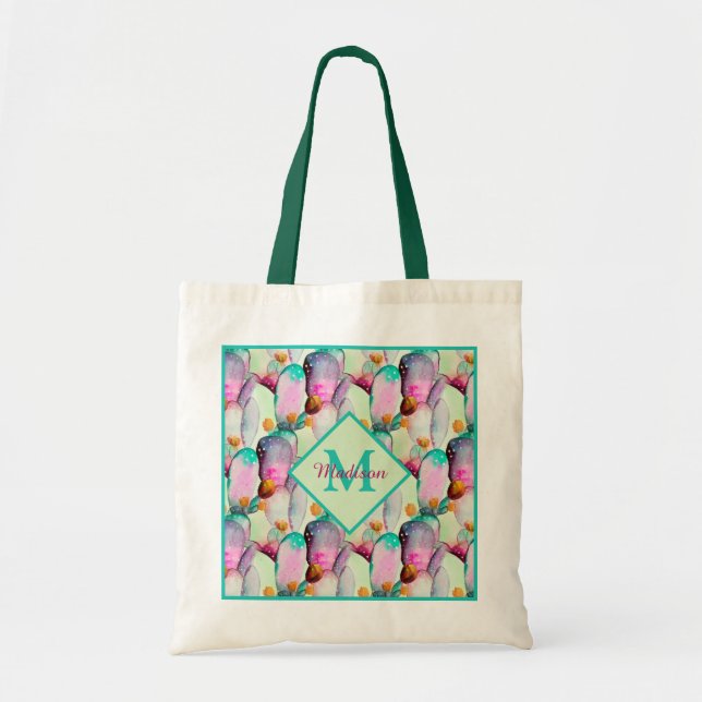 Tote Bag Aquarelle Prickly Pear Cactus Fleurs Monogramme T (Devant)