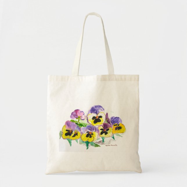 Tote Bag Aquarelle Purple Pansies Jaunes Florales Rustiques (Devant)