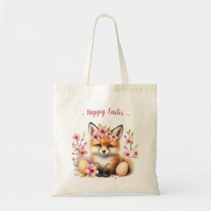 Tote Bag Aquarelle Renard Bébé Oeufs de Pâques et fleurs -
