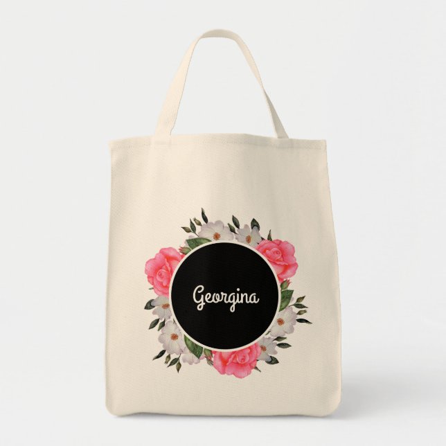 Tote Bag Aquarelle rose et blanc Roses Cercle Wreath (Devant)