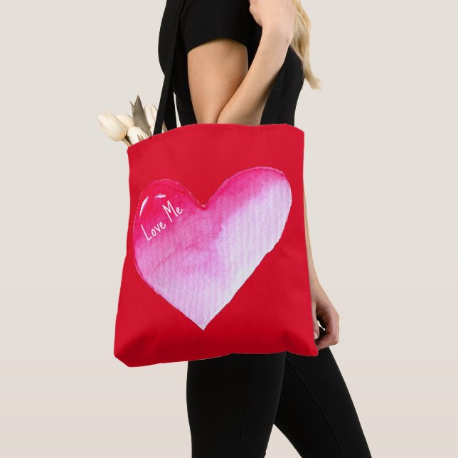 Tote Bag Aquarelle rose et rouge coeur pop art valentine (De près)