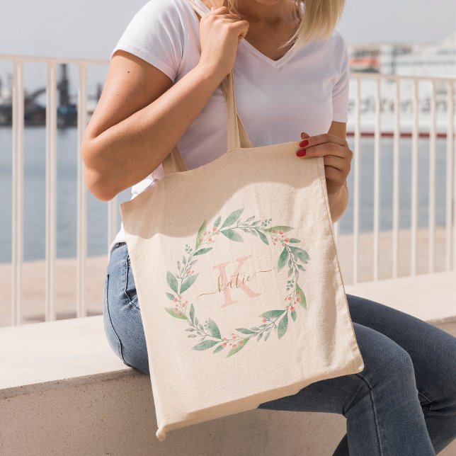 Tote Bag Aquarelle rose Fleur couronne Monogramme (Créateur téléchargé)