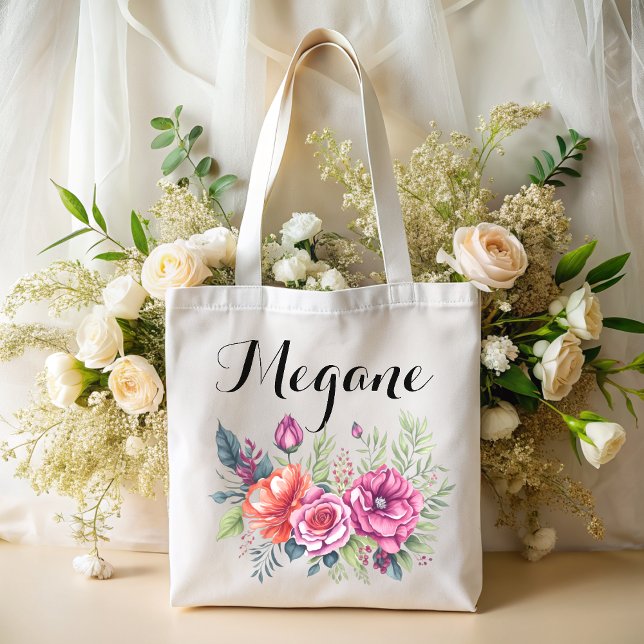 Tote Bag aquarelle rose fleurie nom bridesmaid à (Créateur téléchargé)