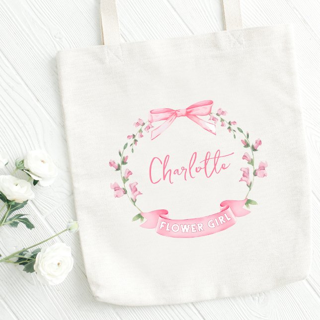 Tote Bag Aquarelle rose Floral Bow Nom personnalisé Flower  (Delicate florals & a touch of elegance—this tote is the sweetest gift for your little flower girl.)