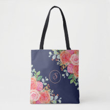 Aquarelle Rose Floral Navy Monogramme