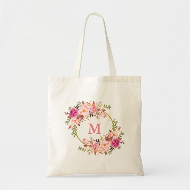 Tote Bag Aquarelle rose Floral Wreath Monogramme Or (Devant)
