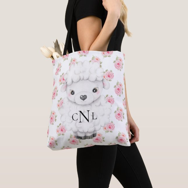 Tote Bag Aquarelle rose monogramme Mouton floral (De près)