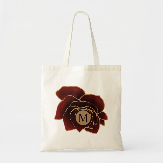 Tote Bag aquarelle rose or bordeaux faux feuille monogramme (Devant)
