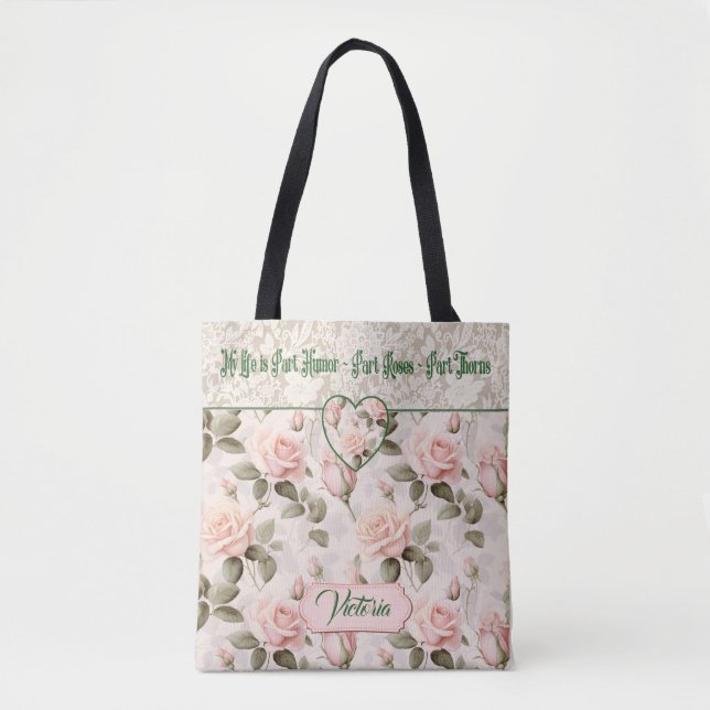 Tote Bag Aquarelle Rose Pâle et Rose Fleurie aux Dentelles  (Devant)