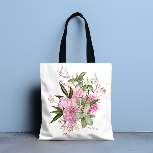 Tote Bag Aquarelle rose Peonies Rose Gold Butterfly Nom (Créateur téléchargé)