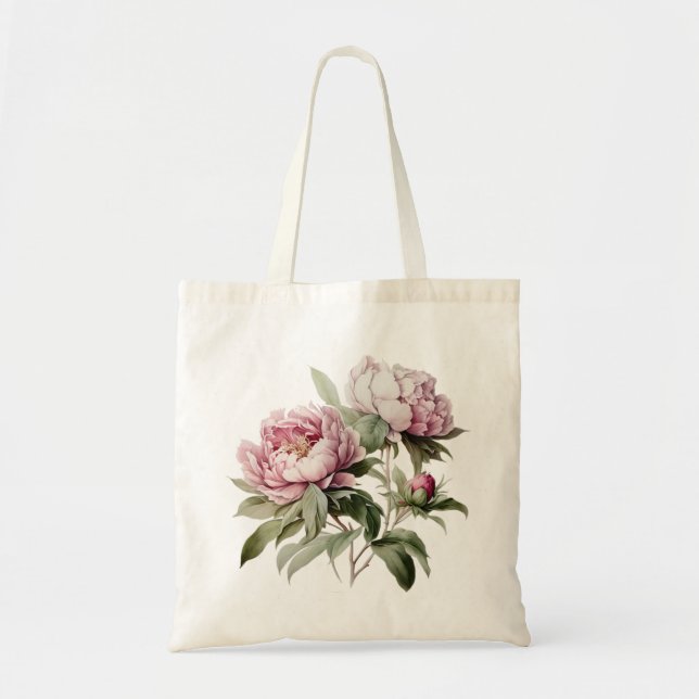 Tote Bag Aquarelle rose Peony Fleurs florales Peonies (Devant)