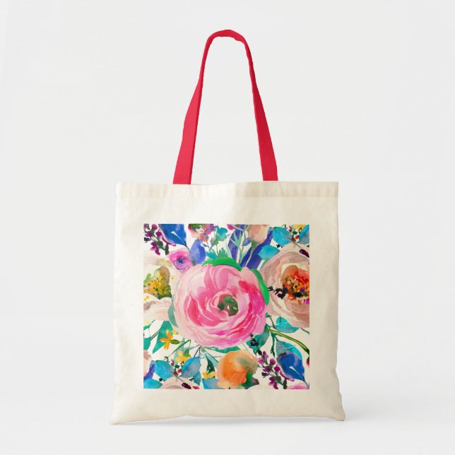 Tote Bag Aquarelle Rose Rose Et Beige (Devant)