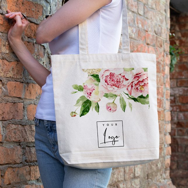 Tote Bag Aquarelle rose vert Peony Floral Business Logo (Créateur téléchargé)