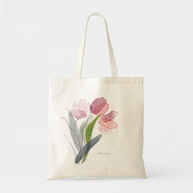 Tote Bag Aquarelle rose vif Tulipes florales Feuilles verts (Devant)